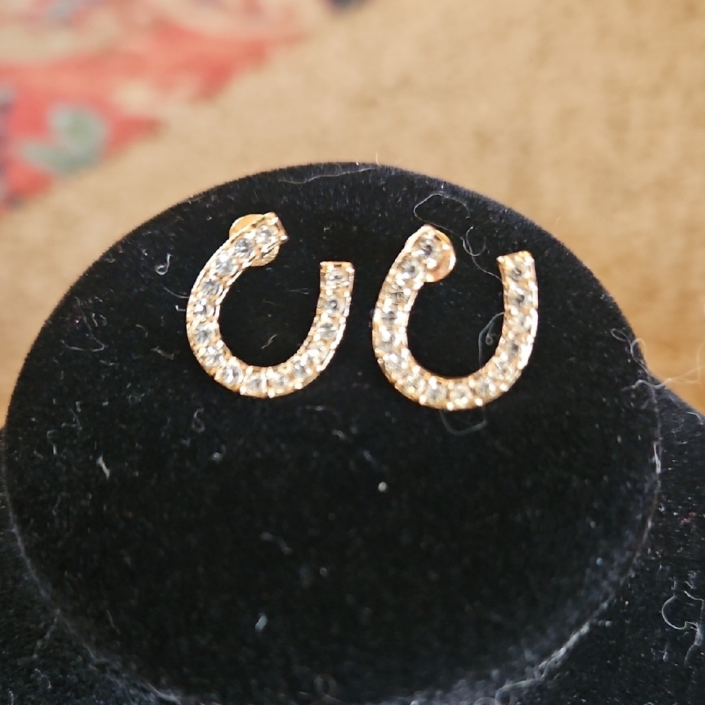 Elegant Gold Tone And  Cz Horseshoe Earrings